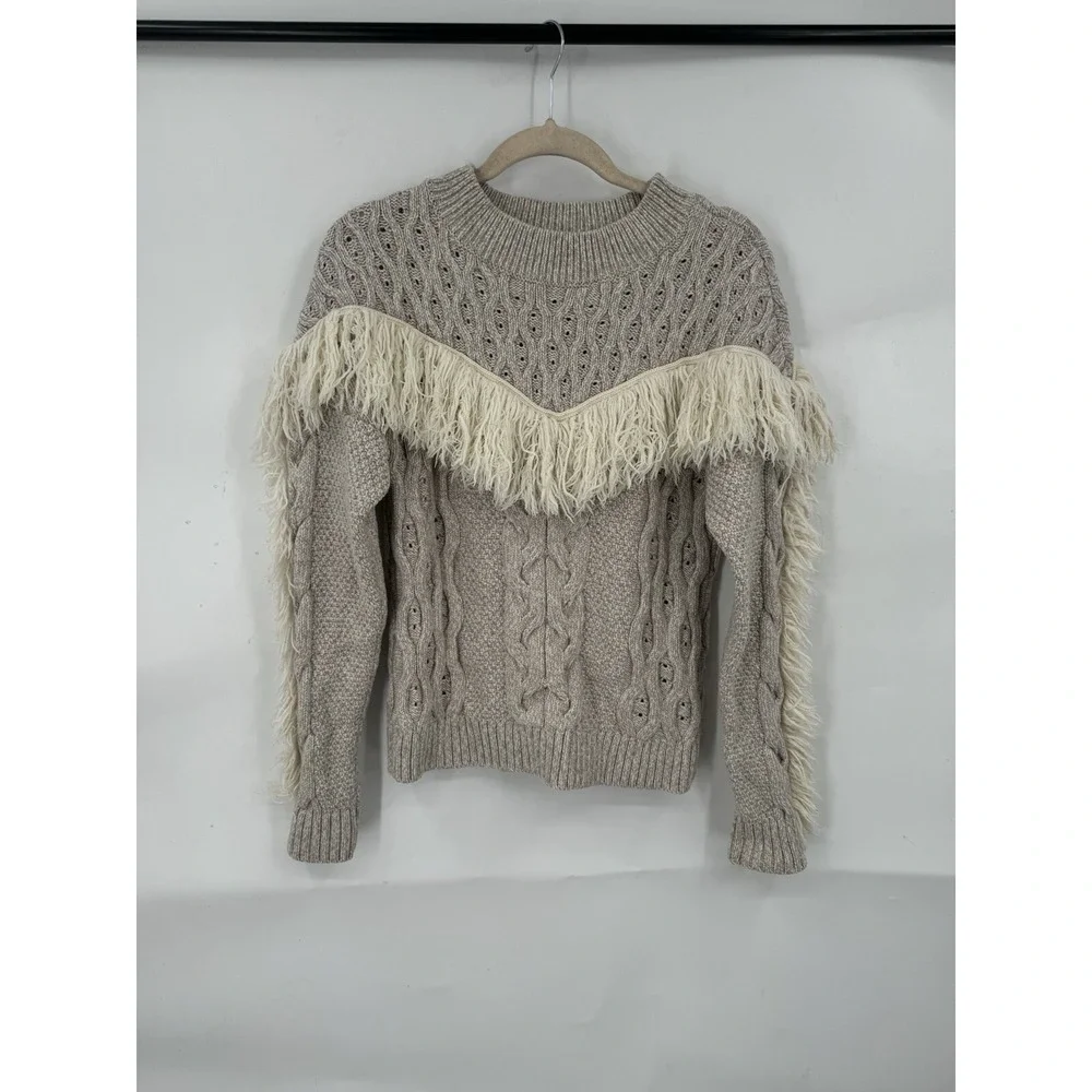 Amur Sweater Women Large Gray Cable Knit Western Fringe Fisherman‎ Sweater Wool